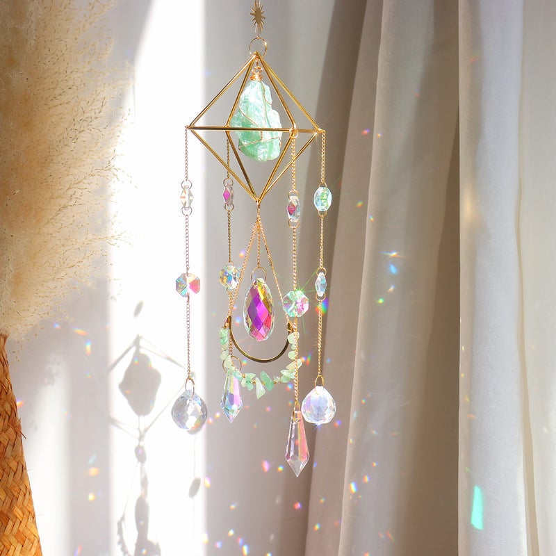 LPKADQA الأخضر فلوريت كريستال Suncatcher نافذة معلقة قلادة الزجاج الموشورات ديكور الرياح الرنين قوس قزح الشمس الماسك للمنزل حديقة الشرفة - Image 1
